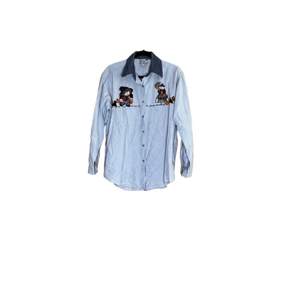 Vintage women's size medium shirt blue pinstripe button-up Halloween 100%cotton
